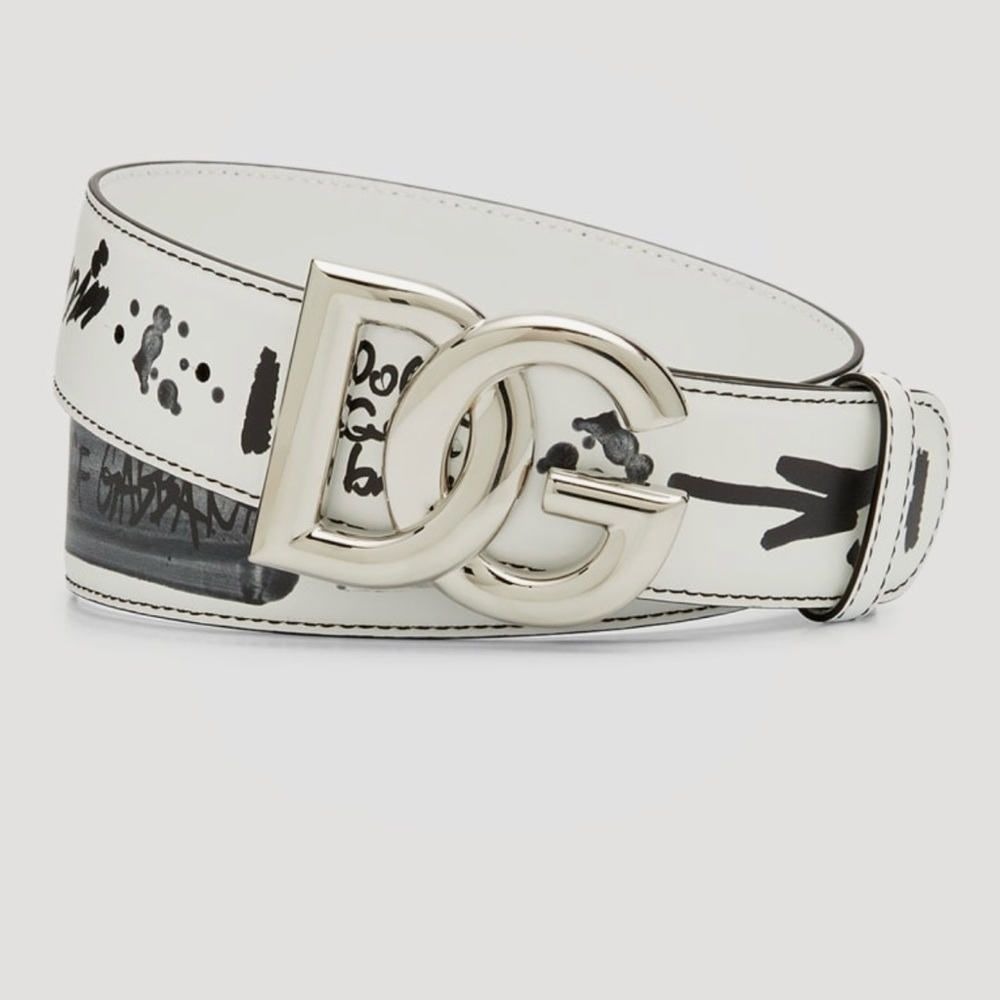Dolce & Gabbana White Belt with Black Graffiti and Silver Logo